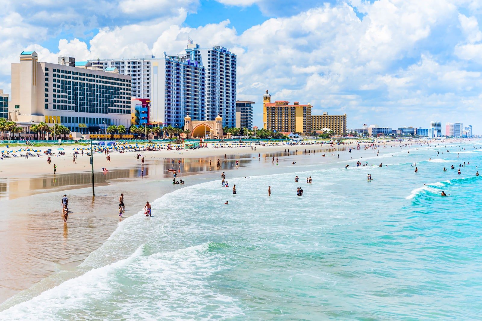 Daytona Beach shoreline with hotels and blue surf